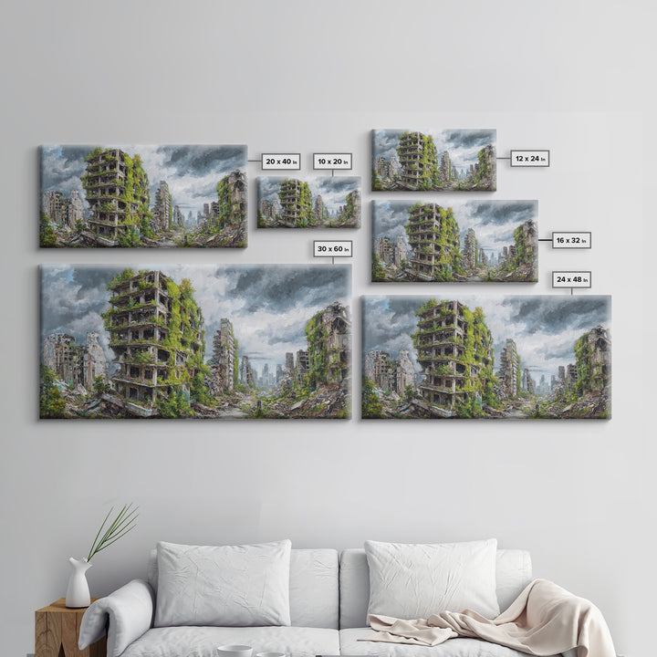 Overgrown Ruined Cityscape Wall Art, Post Apocalyptic Landscape Canvas Print, Urban Nature Decor For Modern Home And Office