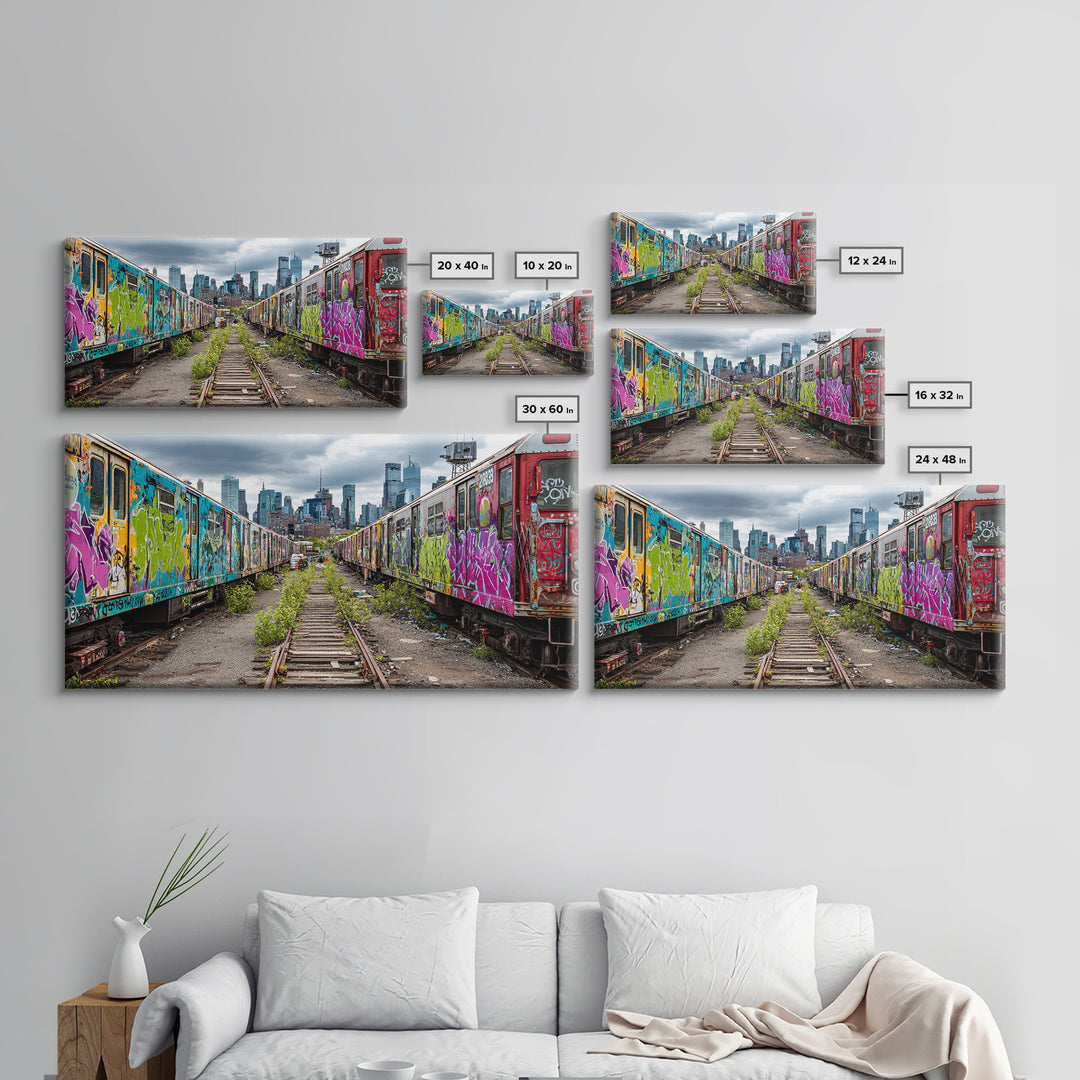 Graffiti Train Yard With City Skyline Wall Art, Urban Street Art Canvas Print, Colorful Industrial Decor, Modern Loft Gift