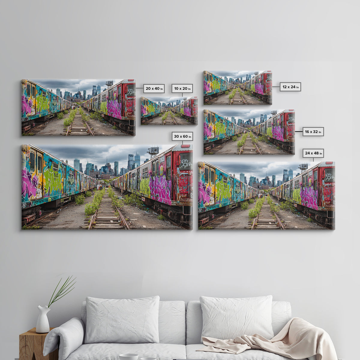 Graffiti Train Yard With City Skyline Wall Art, Urban Street Art Canvas Print, Colorful Industrial Decor, Modern Loft Gift