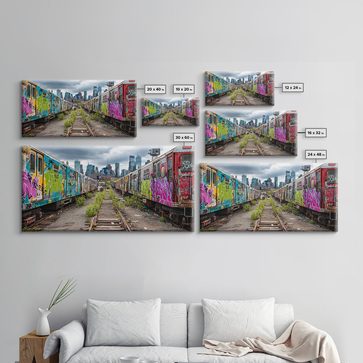 Graffiti Train Yard With City Skyline Wall Art, Urban Street Art Canvas Print, Colorful Industrial Decor, Modern Loft Gift