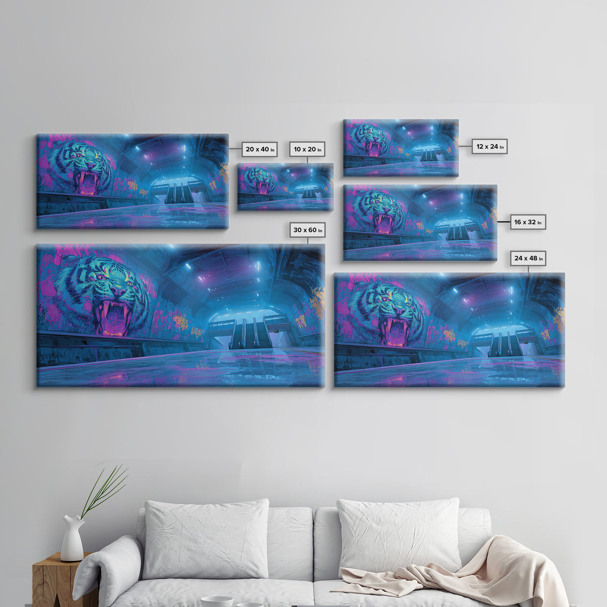 Neon Tiger Subway Canvas Print, Cyberpunk Graffiti Wall Art, Futuristic Blue Pink Gaming Room Decor, Bold Urban Gift For Him