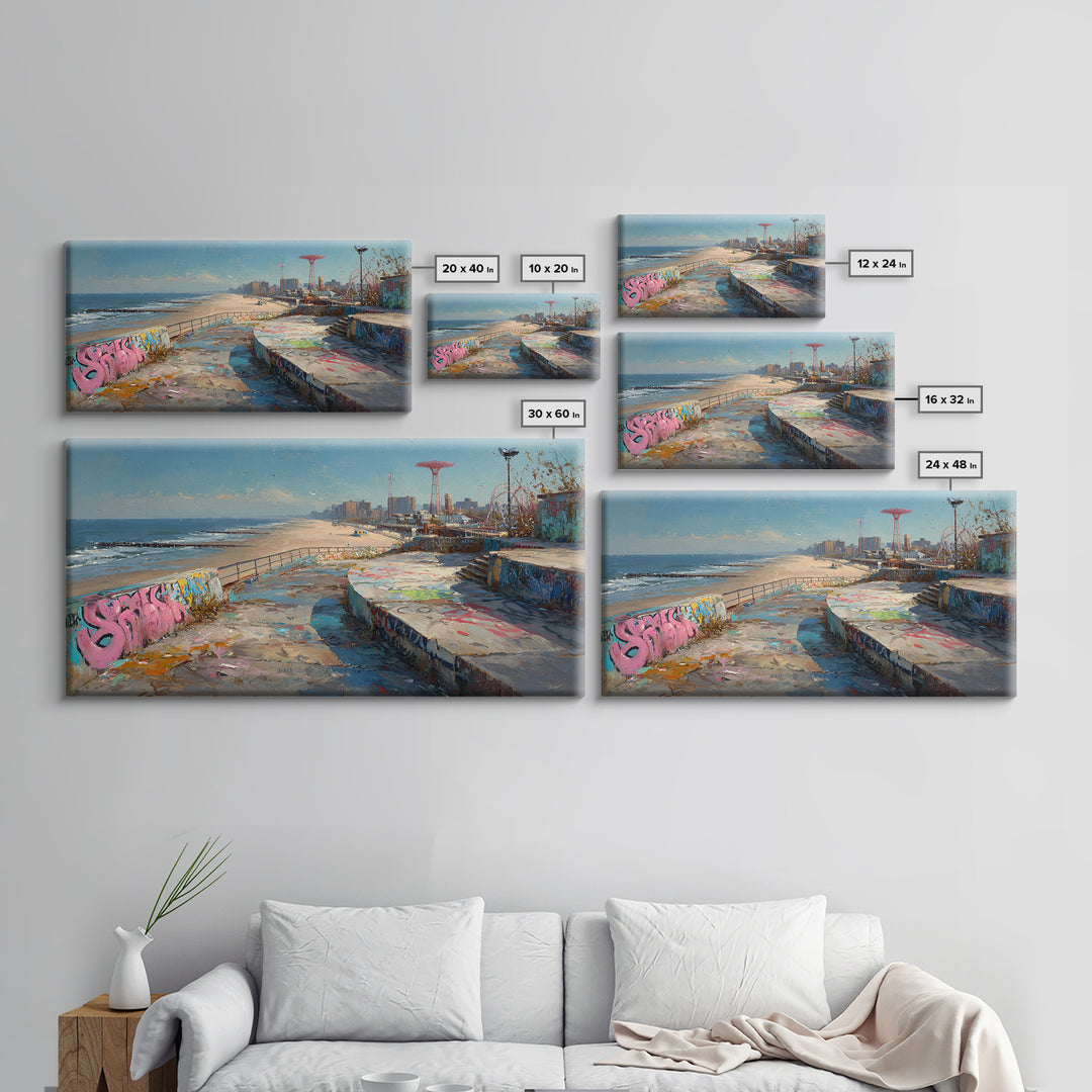 Graffiti Beach Boardwalk Seascape Wall Art, Coney Island Style Travel Poster, Urban Coastal Decor, Ocean City Print, Summer Beach Art