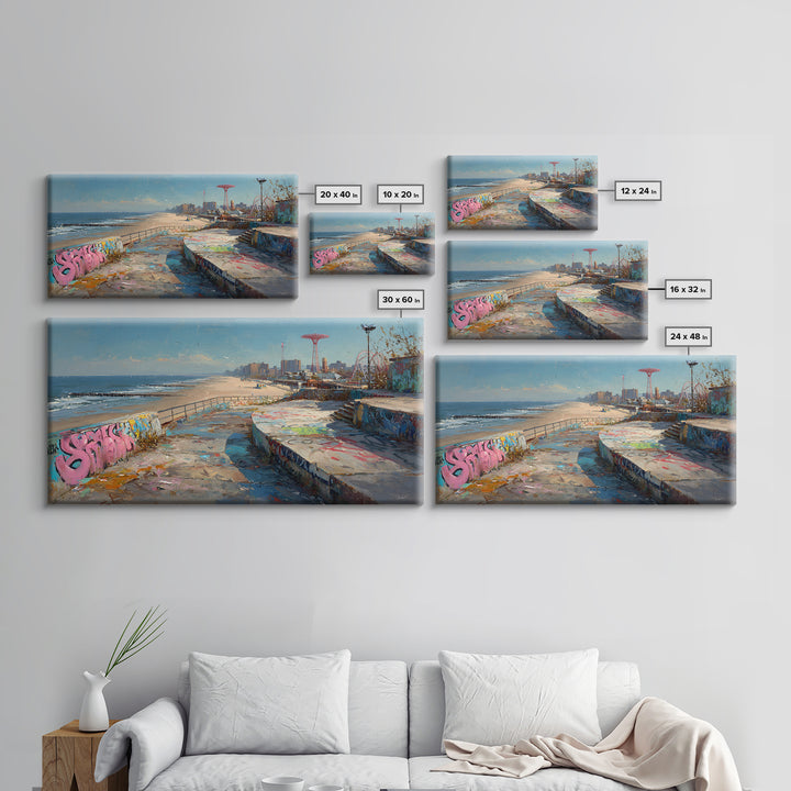 Graffiti Beach Boardwalk Seascape Wall Art, Coney Island Style Travel Poster, Urban Coastal Decor, Ocean City Print, Summer Beach Art