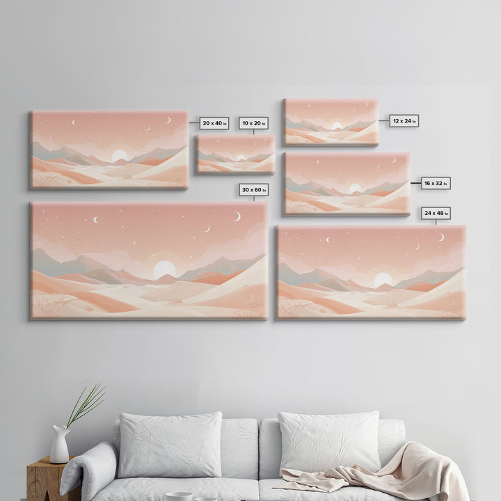 Pastel Desert Sunrise Landscape Canvas Print, Minimalist Mountain Wall Art, Boho Neutral Home Decor For Bedroom And Living Room