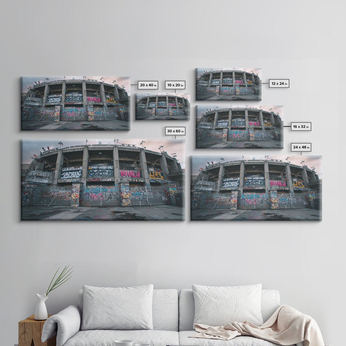 Abandoned Graffiti Stadium Facade Wall Art, Urban Street Art Canvas Print, Industrial Decor, Man Cave And Office Wall Decor