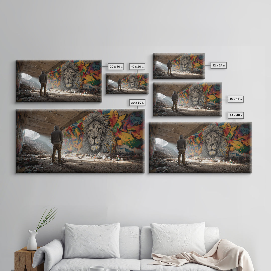 Hooded Figure Before Graffiti Lion Wall Art, Urban Street Art Canvas Print, Bold Industrial Decor, Gift For Him, Modern Home Decor