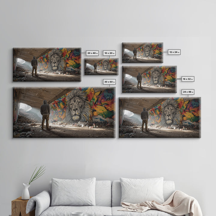Hooded Figure Before Graffiti Lion Wall Art, Urban Street Art Canvas Print, Bold Industrial Decor, Gift For Him, Modern Home Decor