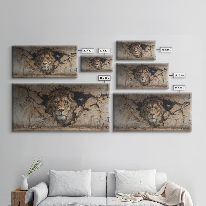 Cracked Wall Lion Mural Wall Art, Wildlife Graffiti Canvas Print, Big Cat Street Art, Urban Decor For Modern Living Room