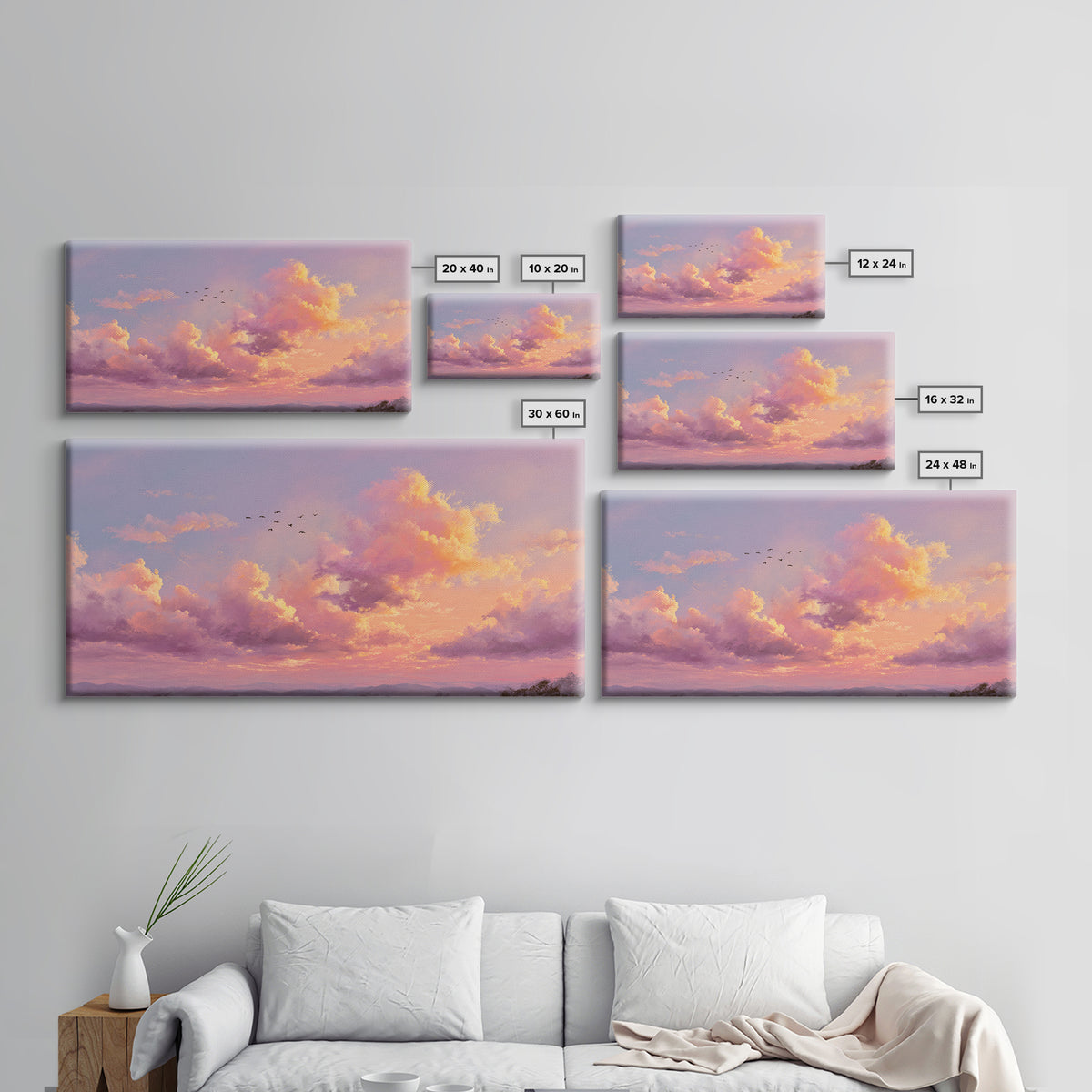 Golden Pink Sunset Clouds Over Mountains Wall Art, Serene Landscape Canvas Print, Living Room Decor, Housewarming Gift For Her