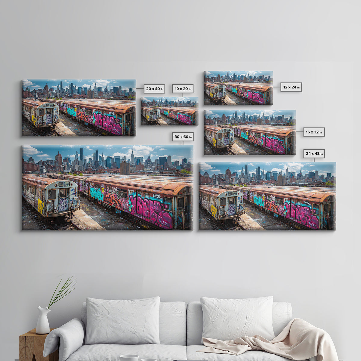 Graffiti Subway Trains With New York Skyline Wall Art, Urban Street Art Canvas Print, NYC Decor, Industrial Office Poster