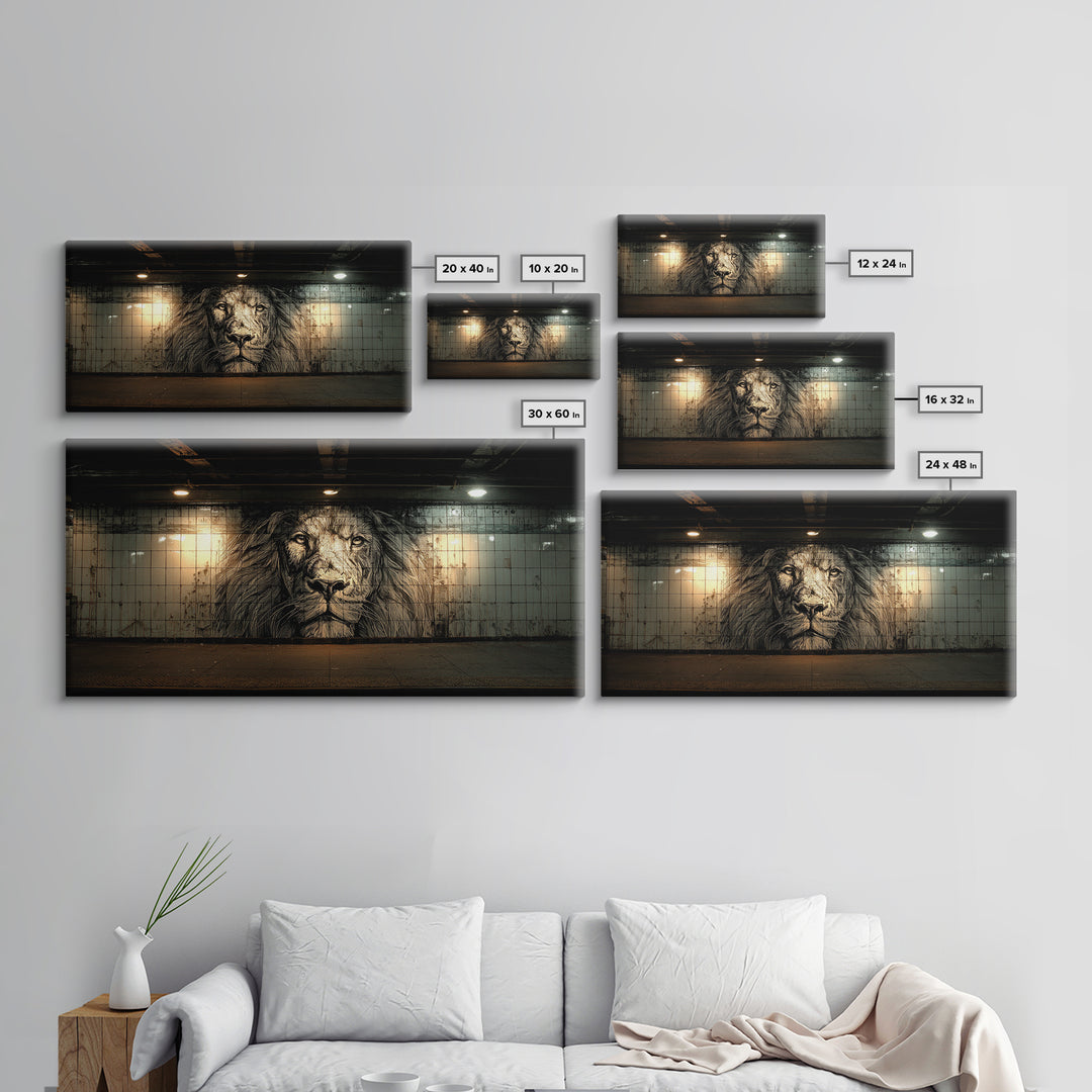 Black And White Lion Mural Wall Art, Urban Street Art Canvas, Industrial Loft Decor, Masculine Office Wall Decor, Bold Art Print