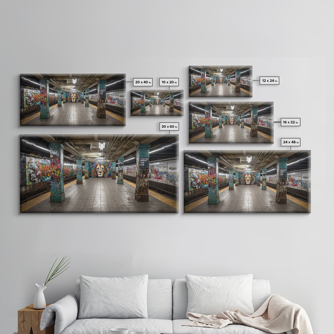 Graffiti Subway Platform With Lion Mural Wall Art, Urban Street Art Canvas Print, Pop Art Decor, Modern Office Wall Decor