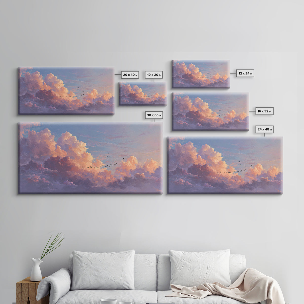 Dramatic Pastel Cloudscape With Birds Canvas Print, Sunset Sky Wall Art, Large Landscape Decor For Living Room, Office Decor
