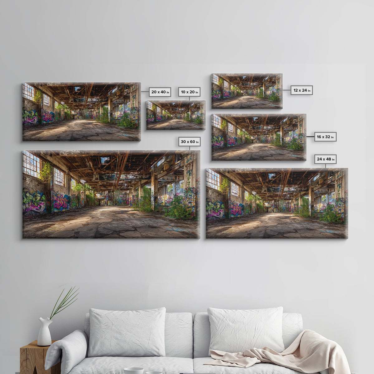 Abandoned Warehouse Graffiti Wall Art, Urban Decay Photography Canvas Print, Industrial Loft Decor, Large Street Art Poster