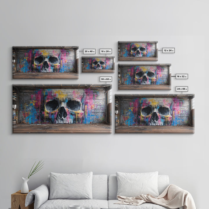 Neon Graffiti Skull Mural In Abandoned Warehouse Wall Art, Street Art Print, Gothic Decor, Edgy Urban Poster, Man Cave Decor