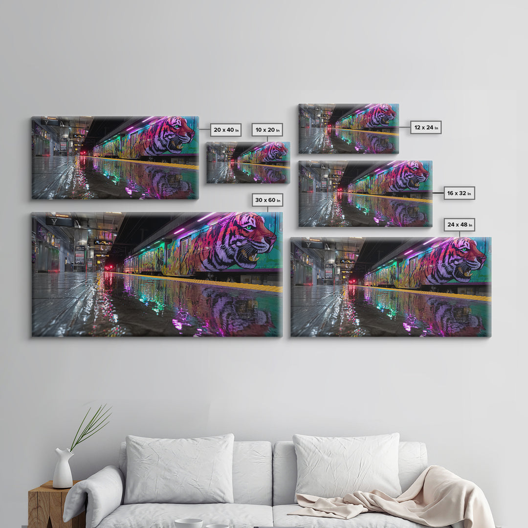 Neon Tiger Train Station Wall Art, Urban Subway Graffiti Canvas Print, Cyberpunk Animal Decor For Modern Living Room Gallery