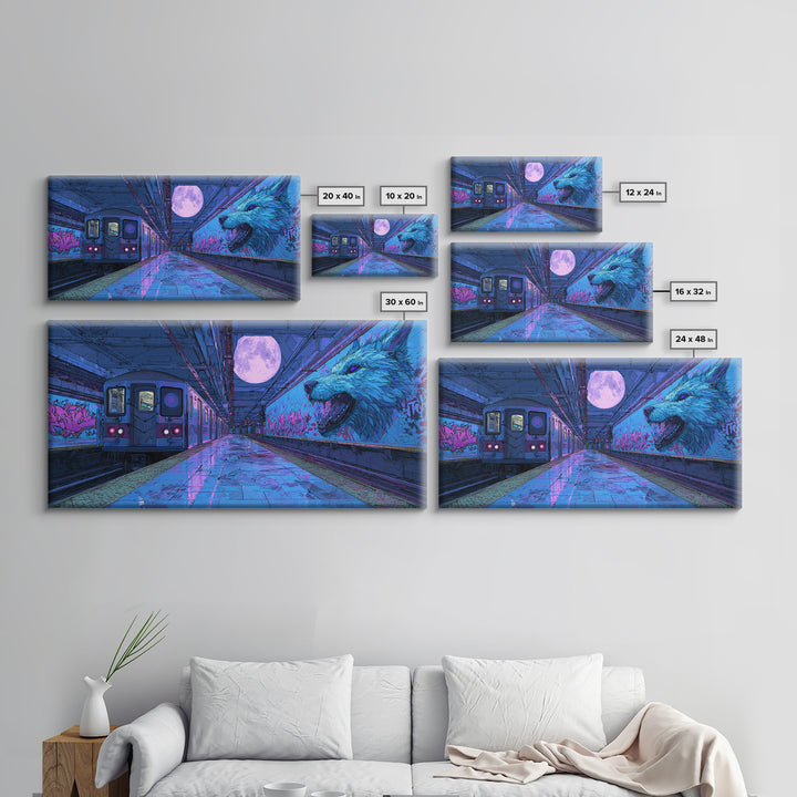 Moonlit Subway Wolf Canvas Print, Cyberpunk Train Station Wall Art, Neon Animal Graffiti Decor, Modern Urban Home Decor For Gamer Room