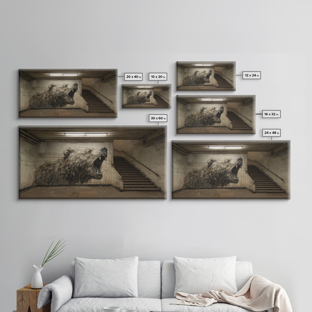 Roaring Bear Urban Subway Wall Art, Black And White Graffiti Canvas Print, Industrial Bathroom Decor, Animal Poster, Gift