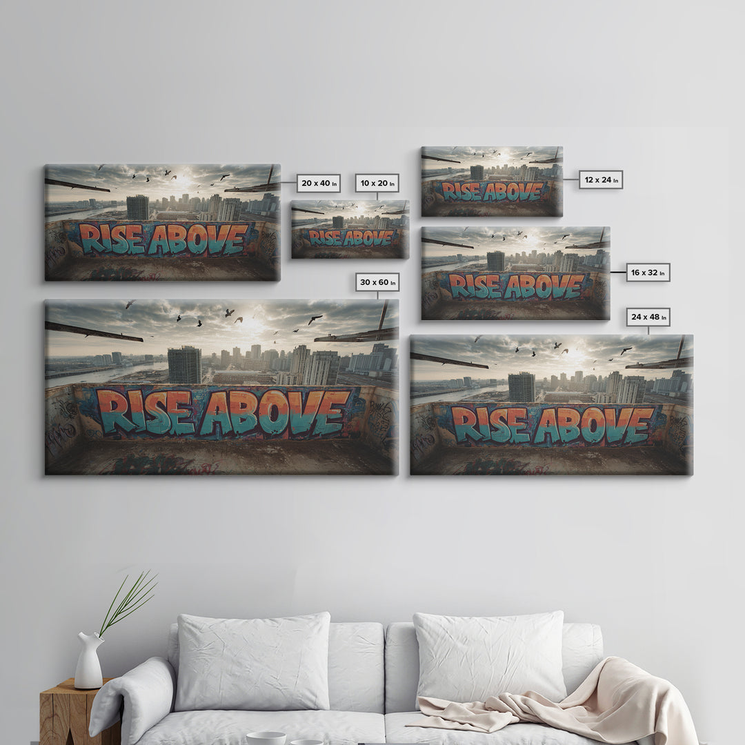 Rise Above Rooftop Graffiti Wall Art, Inspirational Urban Canvas Print, City Skyline Decor, Motivational Office Art Poster