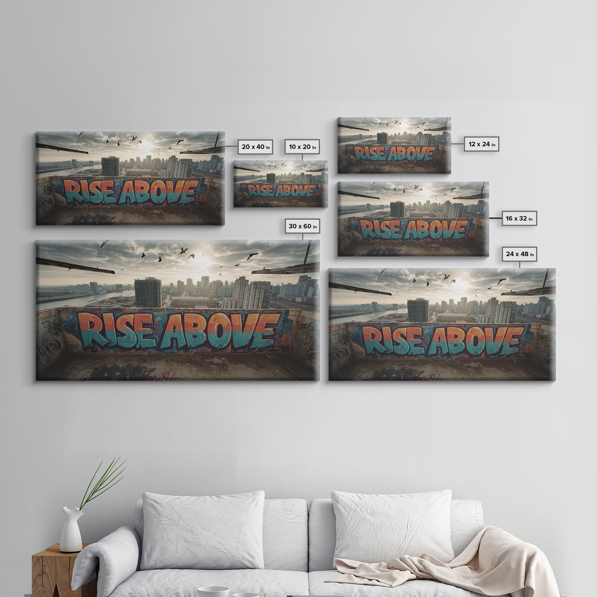 Rise Above Rooftop Graffiti Wall Art, Inspirational Urban Canvas Print, City Skyline Decor, Motivational Office Art Poster