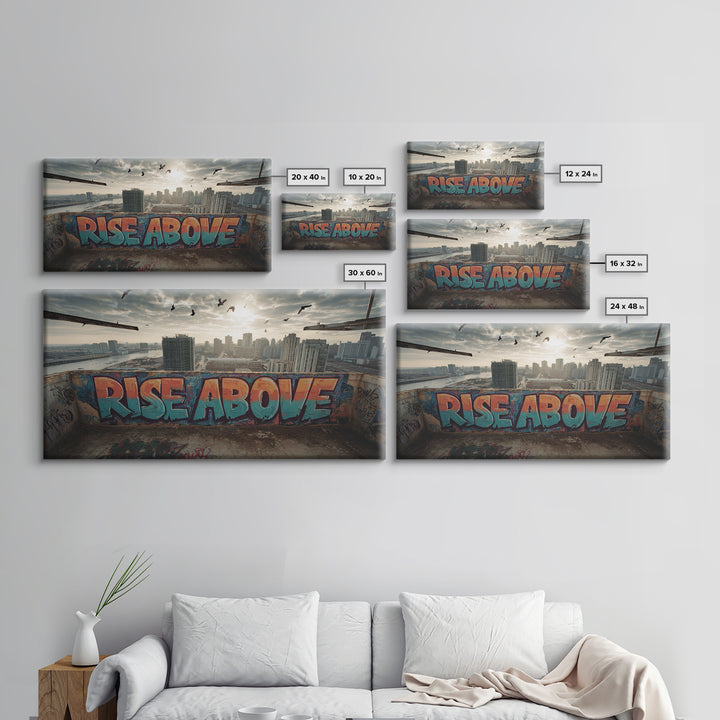 Rise Above Rooftop Graffiti Wall Art, Inspirational Urban Canvas Print, City Skyline Decor, Motivational Office Art Poster