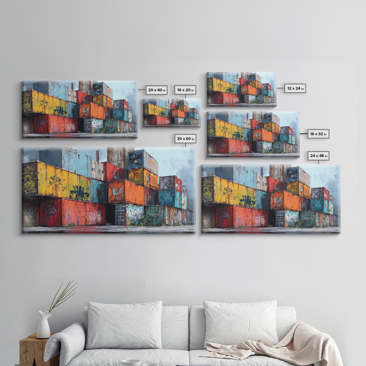 Stacked Graffiti Shipping Containers Wall Art, Urban Industrial Canvas Print, Street Art Decor, Modern Office Wall Decor