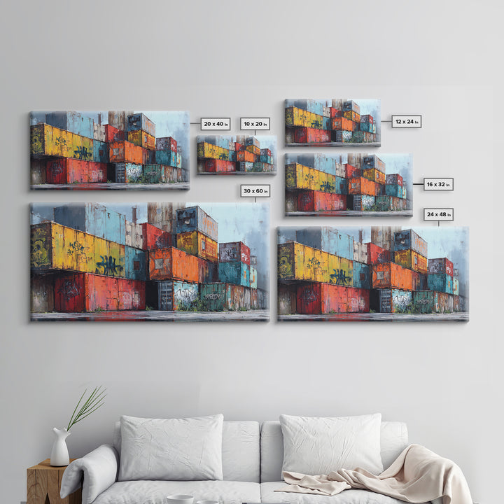 Stacked Graffiti Shipping Containers Wall Art, Urban Industrial Canvas Print, Street Art Decor, Modern Office Wall Decor