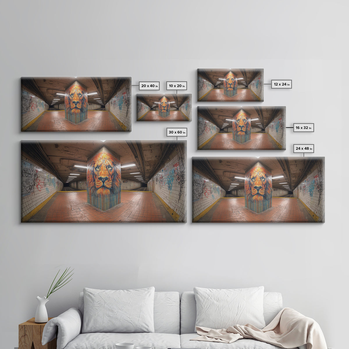 Lion Graffiti Mural In Subway Tunnel Canvas Print, Urban Street Art, Bold Animal Wall Decor, Modern Maximalist Home Decor