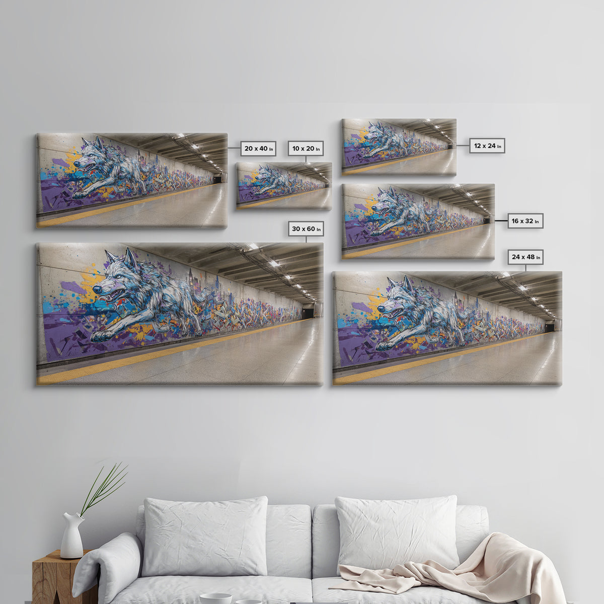 Running Wolf Graffiti Subway Mural Canvas Print, Urban Street Art Wall Art, Colorful Animal Decor, Modern Man Cave Art Gift