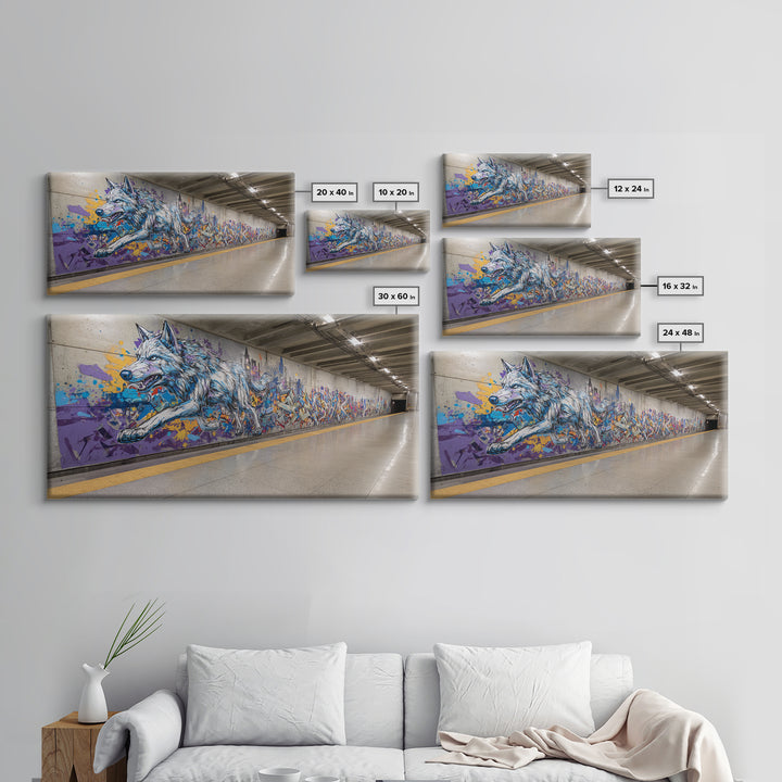 Running Wolf Graffiti Subway Mural Canvas Print, Urban Street Art Wall Art, Colorful Animal Decor, Modern Man Cave Art Gift
