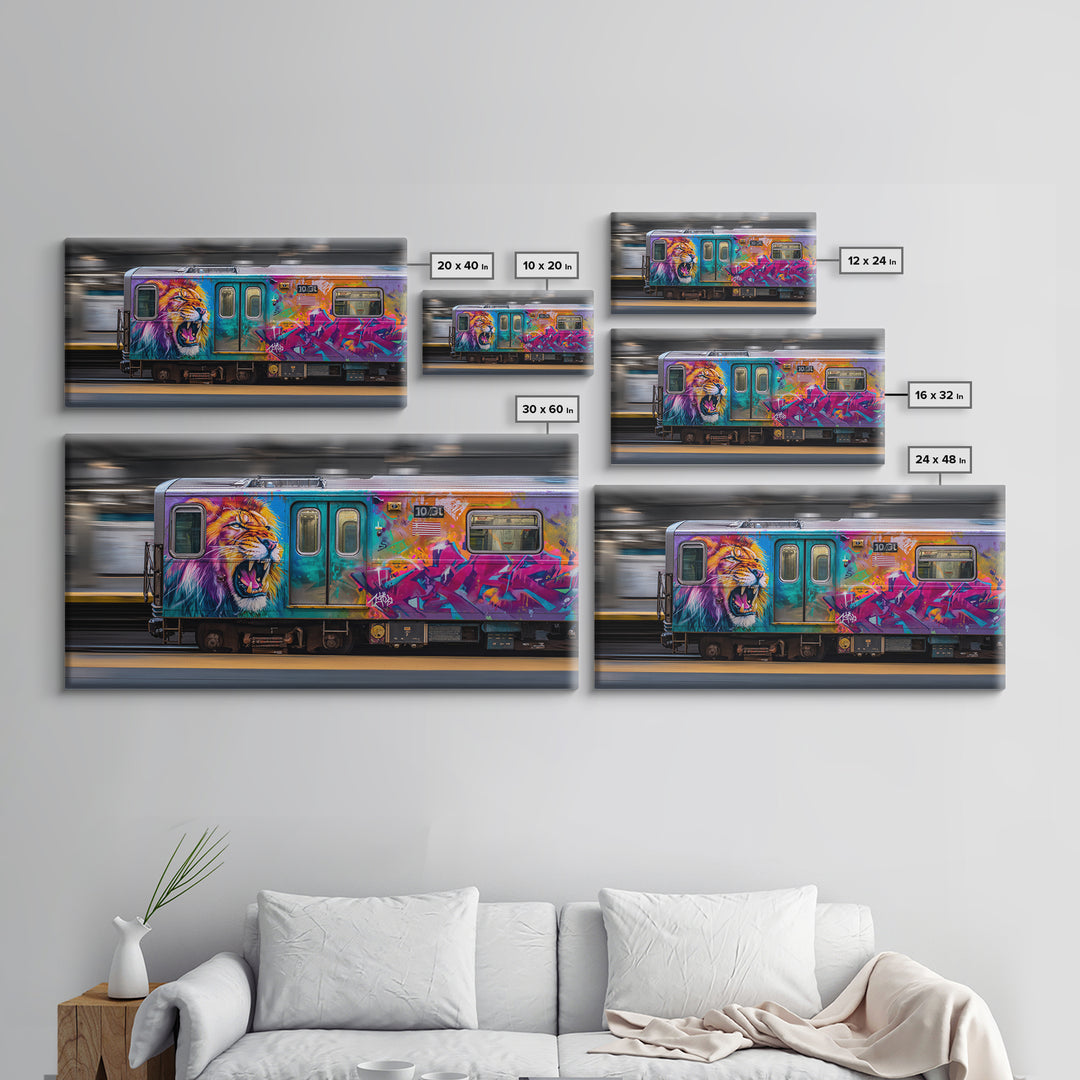 Colorful Lion Graffiti Train Canvas Print, Urban Street Art Wall Art, Dopamine Decor, Bold Pop Art Subway Photography Print