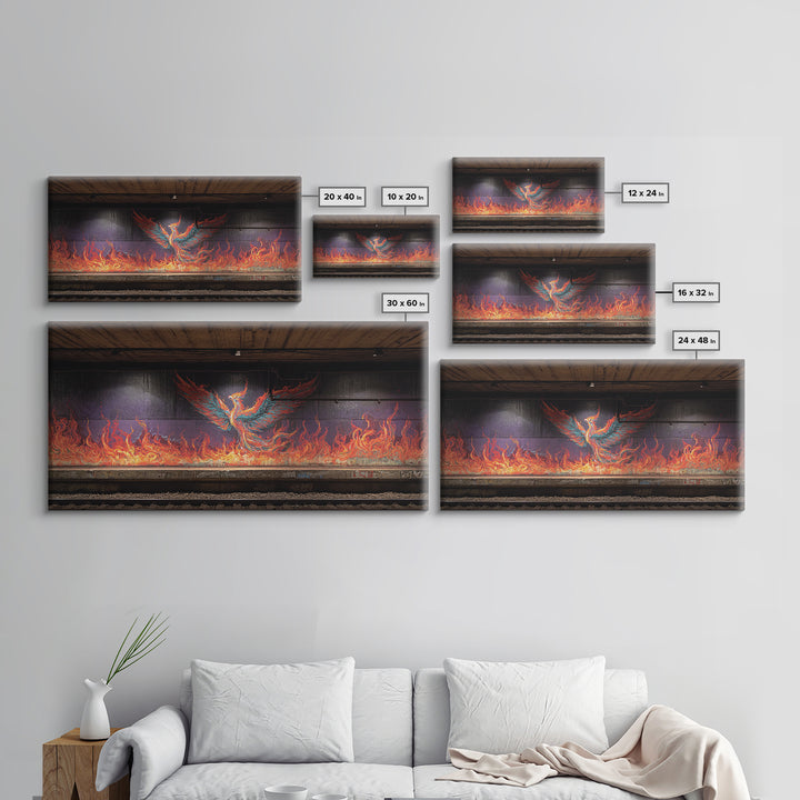 Fiery Phoenix Graffiti In Subway Tunnel Wall Art, Urban Street Art Canvas Print, Bold Industrial Decor, Modern Home Gift