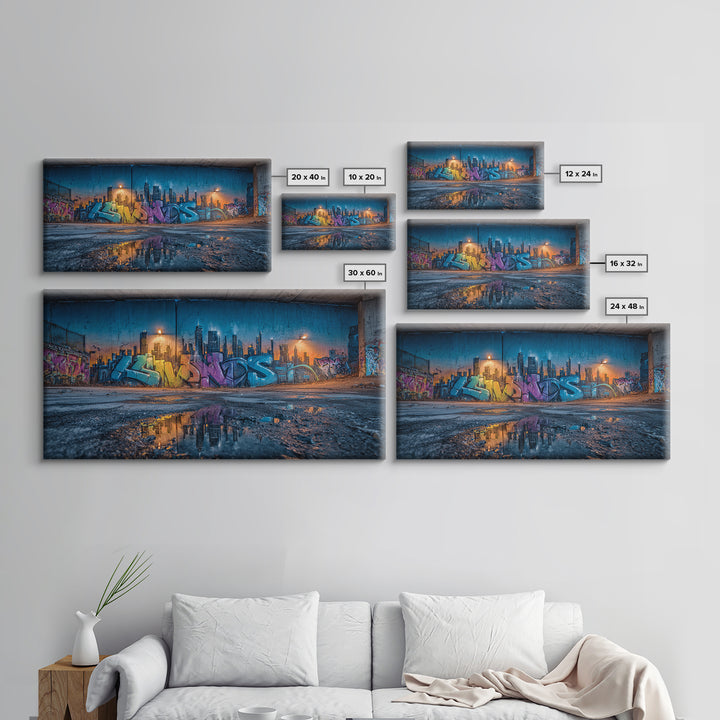 Rainy Urban Graffiti Skyline Wall Art, Street Art Canvas Print, Cyberpunk City Decor, Industrial Office Wall Decor, Modern Home Decor