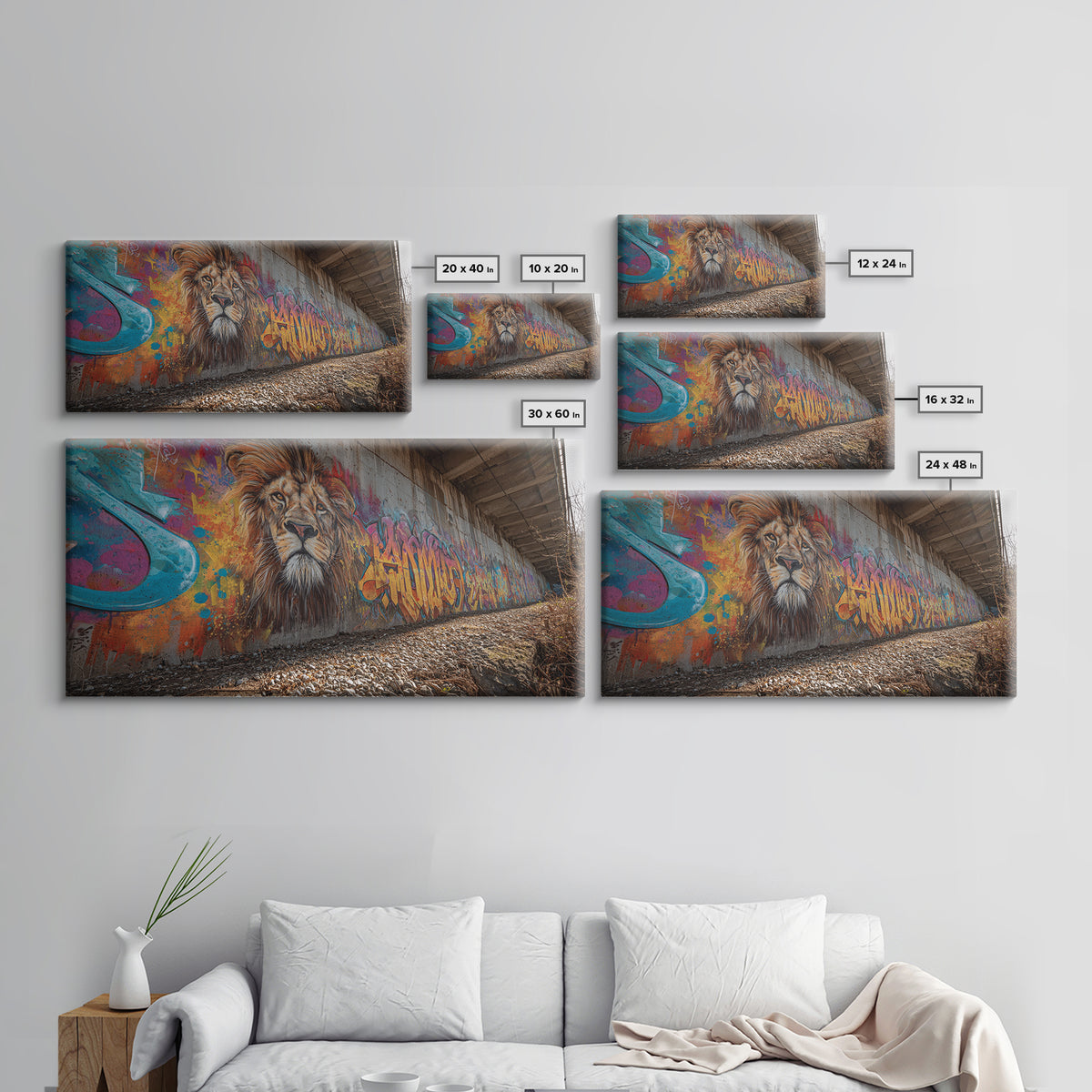 Lion Graffiti Underpass Canvas Print, Urban Street Art Wall Art, Colorful Wildlife Decor, Big Cat Mural Photography Print