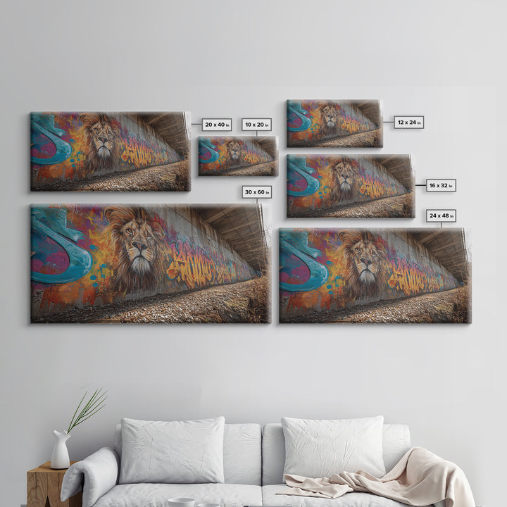 Lion Graffiti Underpass Canvas Print, Urban Street Art Wall Art, Colorful Wildlife Decor, Big Cat Mural Photography Print