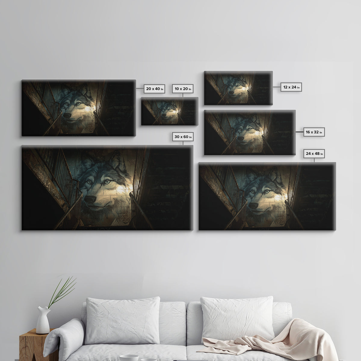 Dark Wolf Mural Stairwell Wall Art, Urban Animal Canvas Decor, Moody Graffiti Print, Masculine Office Decor Housewarming Gift For Him