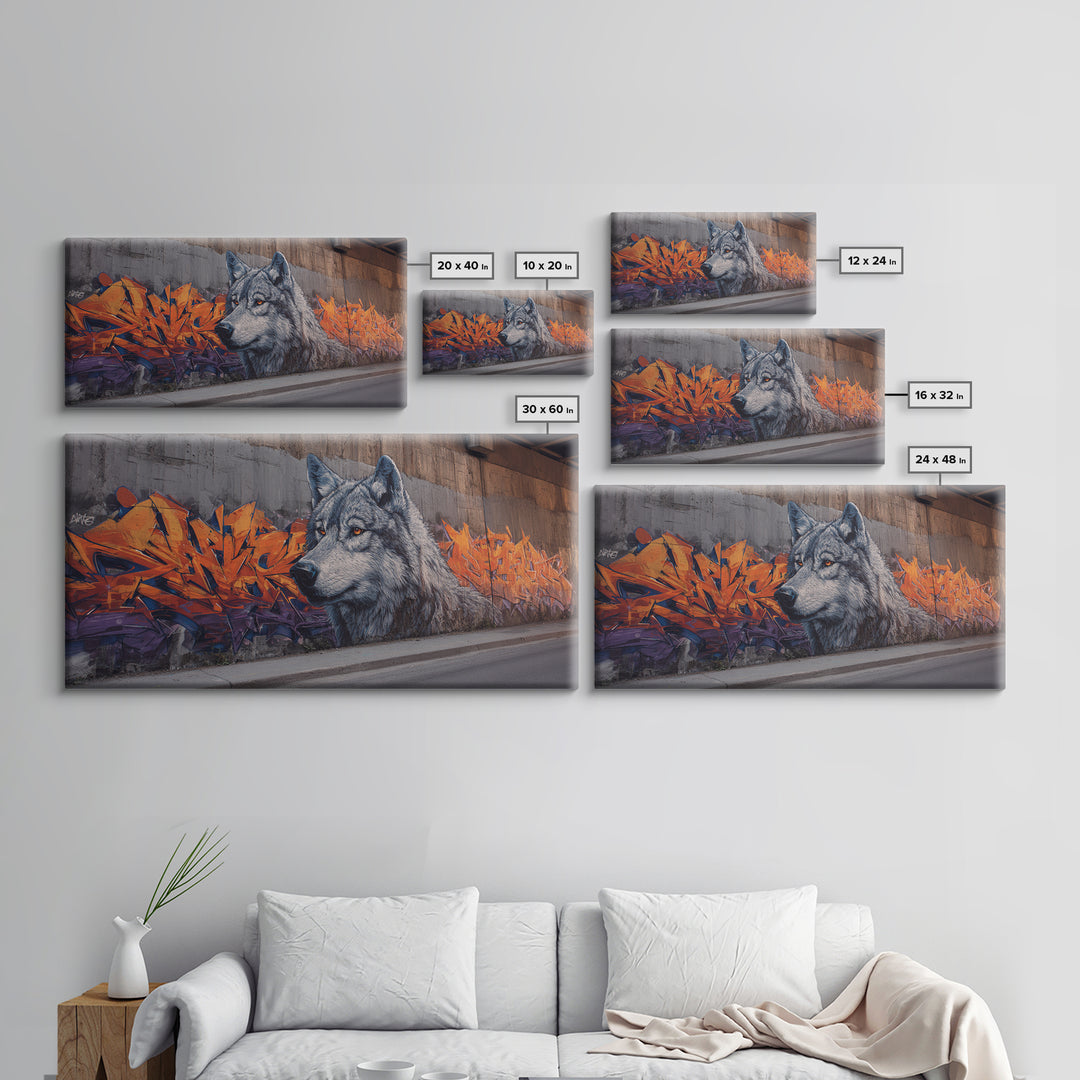 Gray Wolf Graffiti Mural Wall Art, Wildlife Street Canvas Print, Orange Urban Decor, Wolf Lover Gift, Modern Loft Apartment