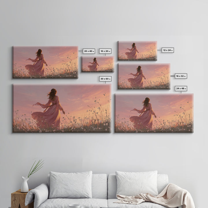Woman In Pink Dress Sunset Meadow Canvas Print, Romantic Wall Art, Feminine Floral Decor, Dreamy Bedroom Living Room Art Gift For Her