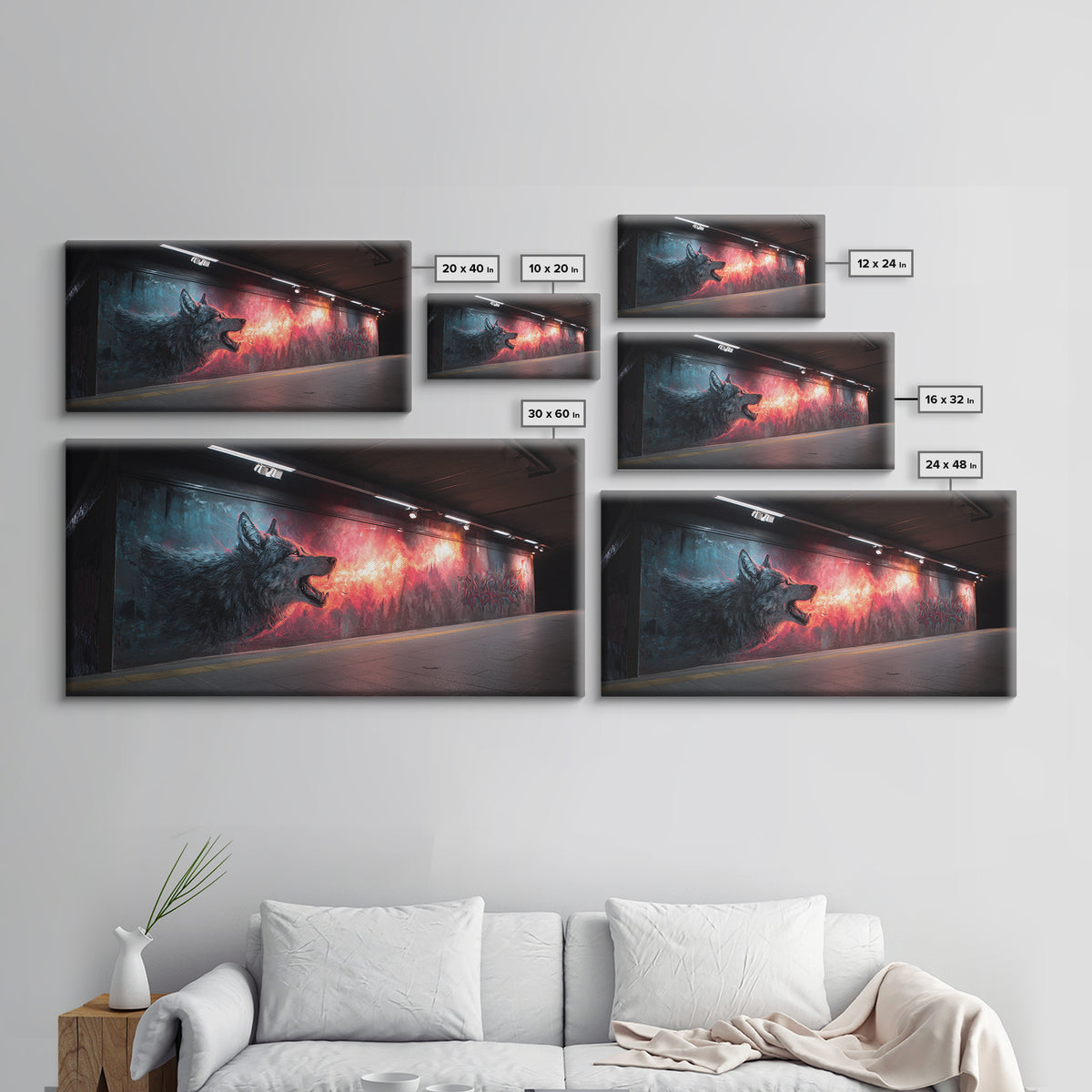 Howling Wolf Graffiti Tunnel Mural Wall Art, Urban Street Art Print, Dark Fantasy Decor, Edgy Man Cave Canvas For Living Room Decor