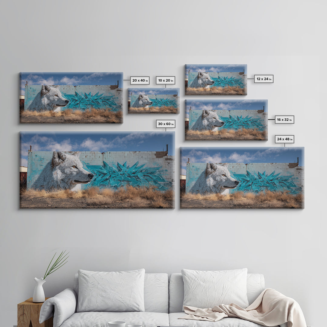 White Wolf Graffiti Mural On Weathered Wall Art, Urban Wildlife Canvas Print, Southwestern Street Decor, Animal Lover Gift