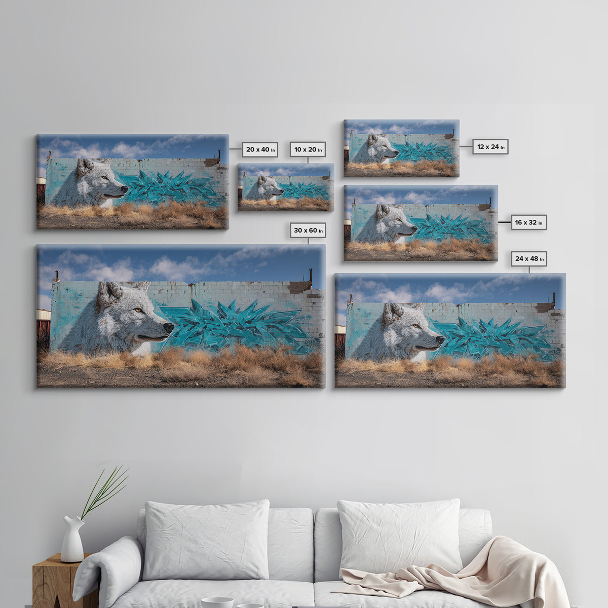White Wolf Graffiti Mural On Weathered Wall Art, Urban Wildlife Canvas Print, Southwestern Street Decor, Animal Lover Gift