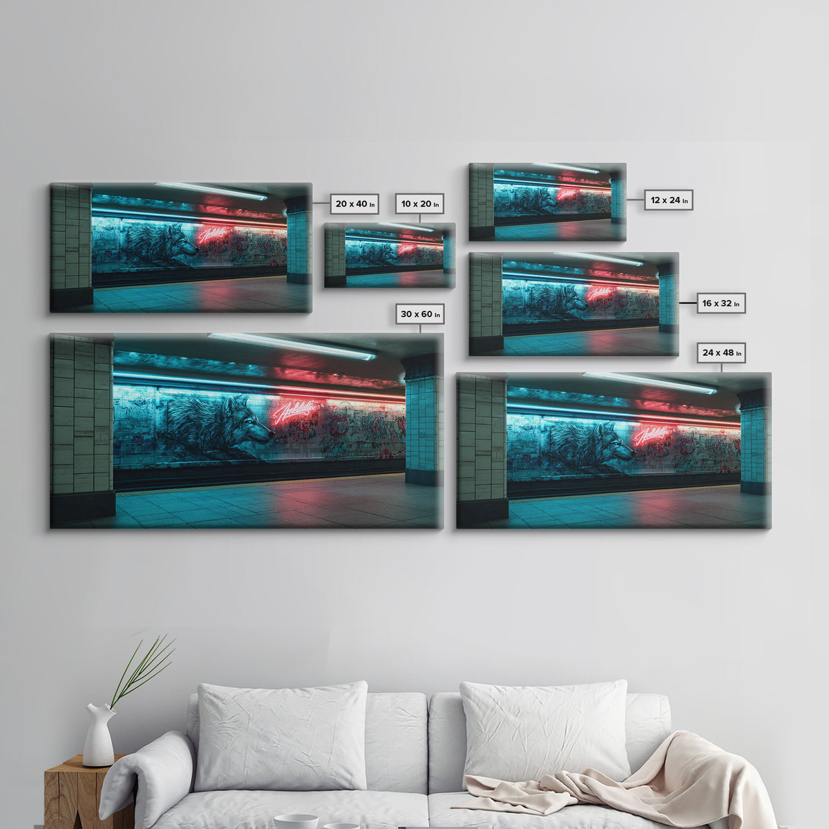 Neon Wolf Mural In Subway Station Wall Art, Urban Animal Street Art Print, Blue Red Graffiti Decor For Modern Loft Home Decor