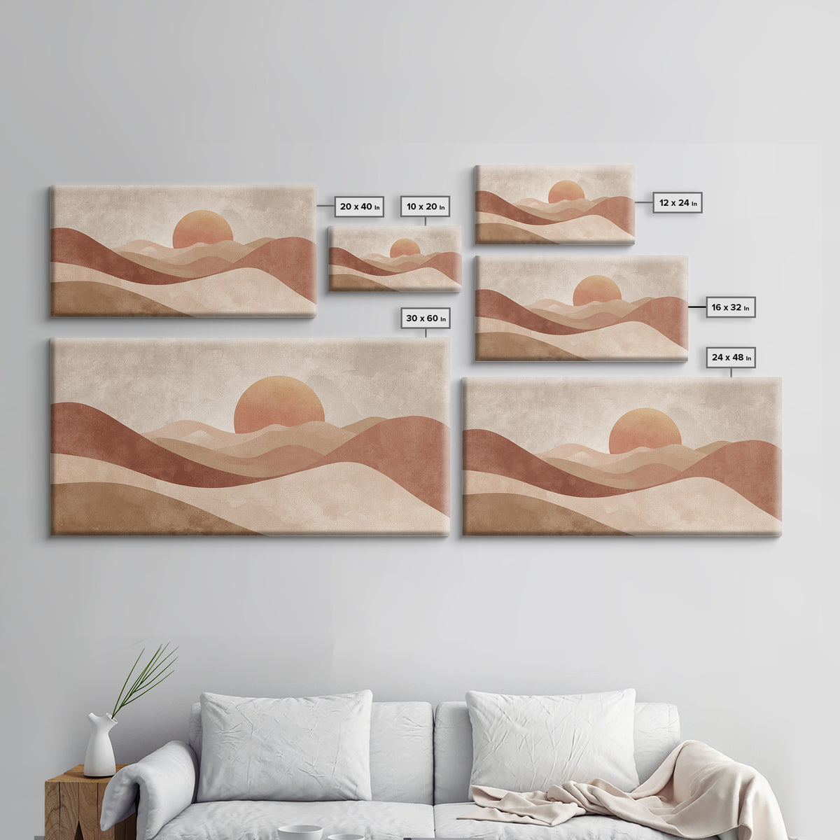 Minimalist Desert Sun And Dunes Canvas Print, Earth Tone Wall Art, Neutral Landscape Decor, Large Boho Living Room Art Print