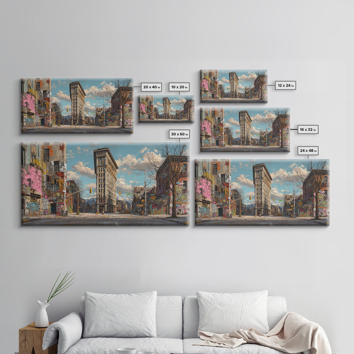Flatiron City Street Wall Art, Urban Landscape Canvas Print, Graffiti Building Decor, New York Style Apartment Gift For Him