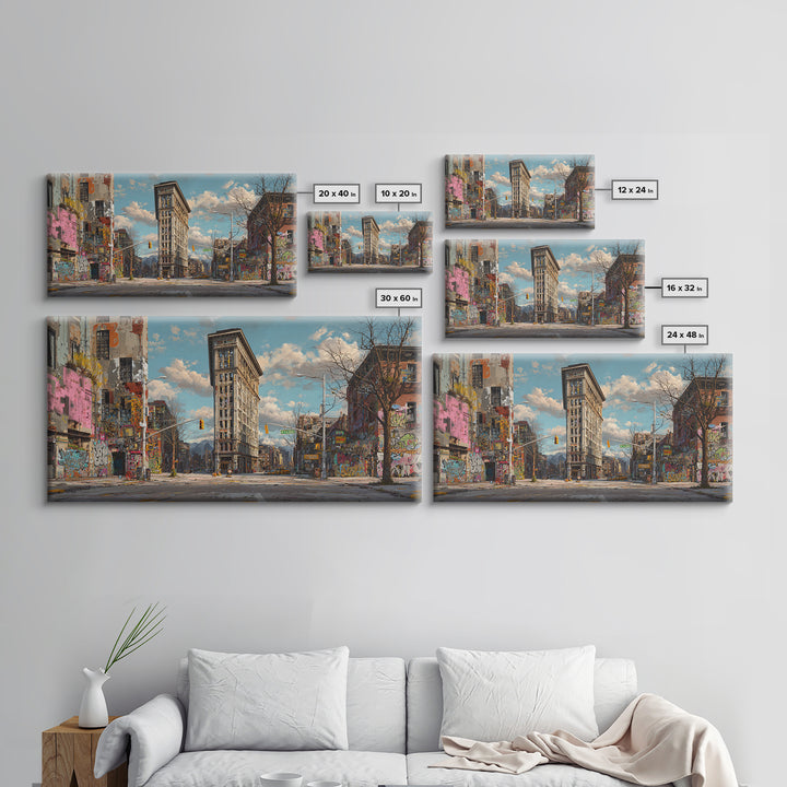 Flatiron City Street Wall Art, Urban Landscape Canvas Print, Graffiti Building Decor, New York Style Apartment Gift For Him