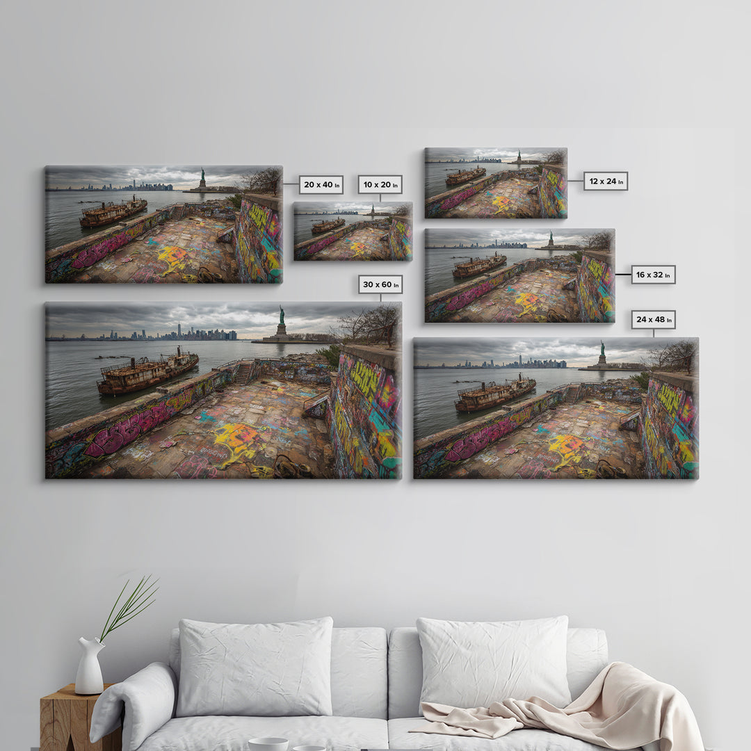 Statue Of Liberty Graffiti Pier Cityscape Wall Art, New York Travel Poster Canvas Print, Urban Coastal Decor, Gift For Him