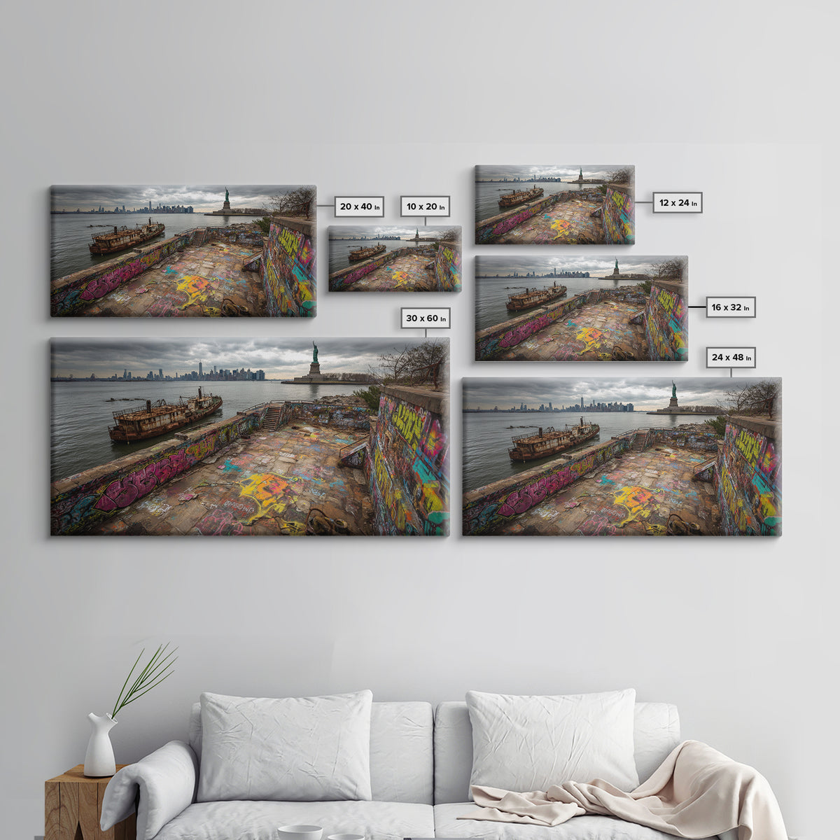 Statue Of Liberty Graffiti Pier Cityscape Wall Art, New York Travel Poster Canvas Print, Urban Coastal Decor, Gift For Him