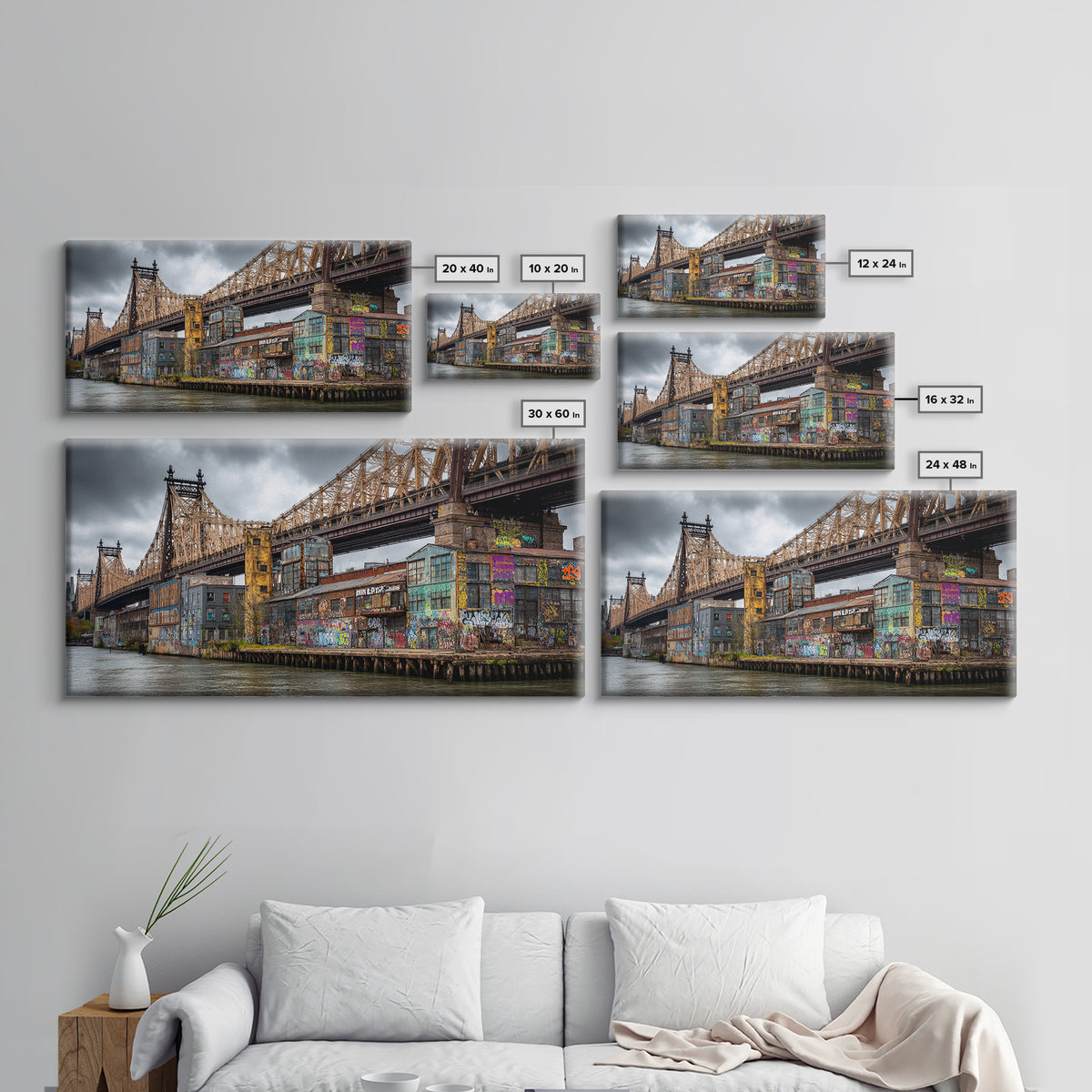 Graffiti Covered City Bridge Waterfront Framed Canvas Print, Urban Wall Art, NYC Art Print, Industrial Office Decor, Travel Poster