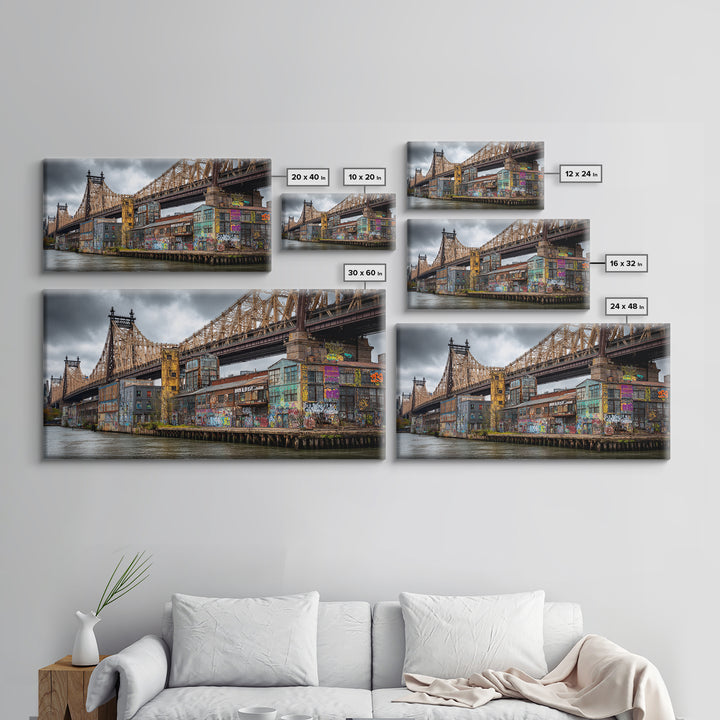 Graffiti Covered City Bridge Waterfront Framed Canvas Print, Urban Wall Art, NYC Art Print, Industrial Office Decor, Travel Poster