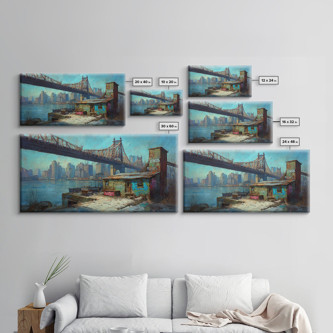 Queensboro Bridge Urban Waterfront Wall Art, NYC Cityscape Canvas Print, Industrial Loft Decor For Office And Living Room Decor